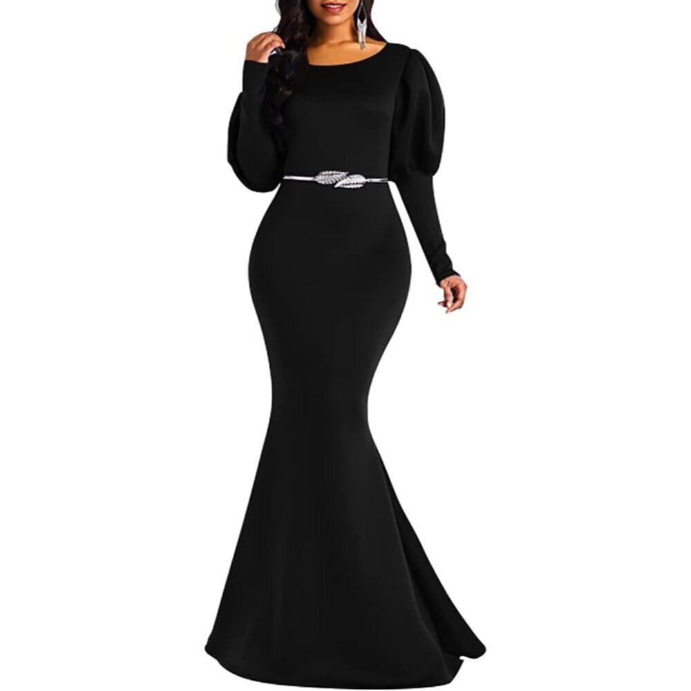 Women's Long Puff Sleeve Crew Neck Bodycon Maxi Evening Gown Dress